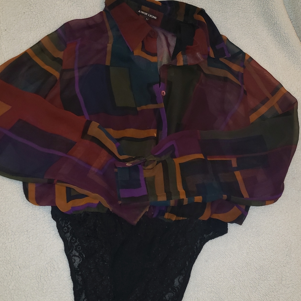 Sheer Color Block Button down leotard - Picture 2 of 4